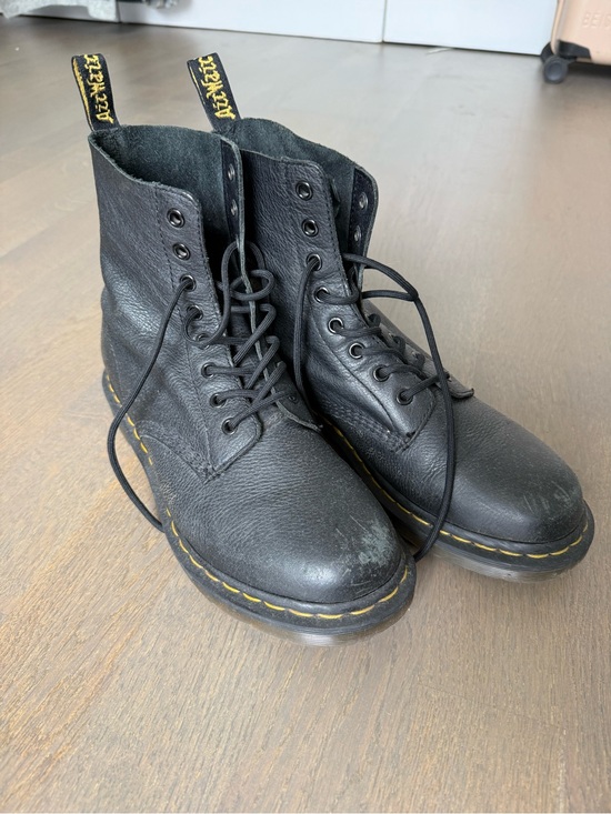 Dr. Martens Shoes - Dr. Martens Black Leather 8-Eye Lace-Up Boots with Yellow Stitching